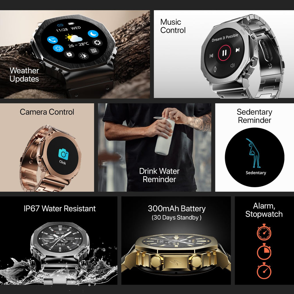 Boltt Obsidian 33.5mm (1.32 inch) AMOLED Display, Stainless Steel Design, 466 * 466 px Resolution, Bluetooth Calling, Multiple Sports Modes, Health Mode, IP67, Weather Updates