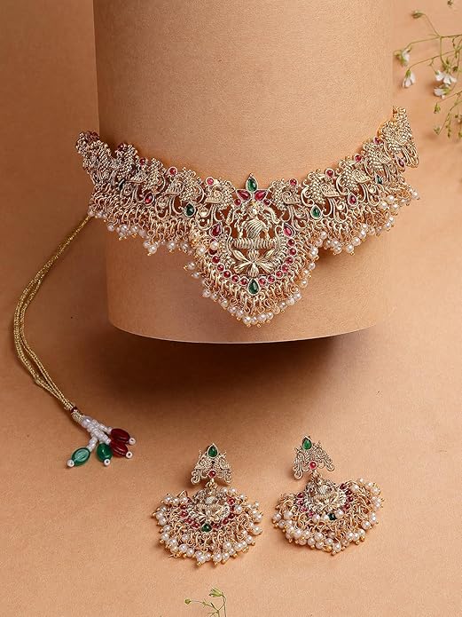 South Indian Traditional Stylish Gold Plated with Beaded Studded Choker Necklace with Dangle Earring Jewellery Set for Women & Girls