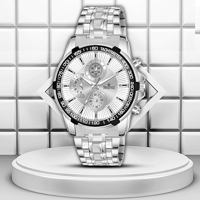 SWISSTYLE Men Analogue Silver Stainless Steel Band White Dial, Chronolook Watch