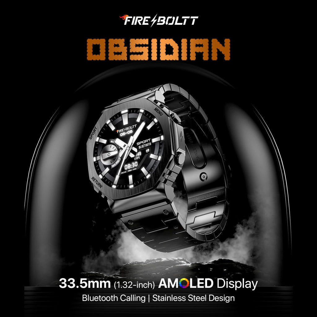 Boltt Obsidian 33.5mm (1.32 inch) AMOLED Display, Stainless Steel Design, 466 * 466 px Resolution, Bluetooth Calling, Multiple Sports Modes, Health Mode, IP67, Weather Updates