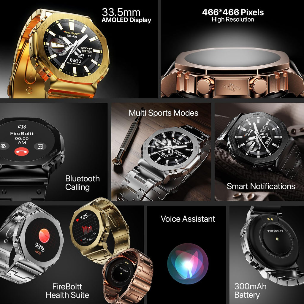 Boltt Obsidian 33.5mm (1.32 inch) AMOLED Display, Stainless Steel Design, 466 * 466 px Resolution, Bluetooth Calling, Multiple Sports Modes, Health Mode, IP67, Weather Updates