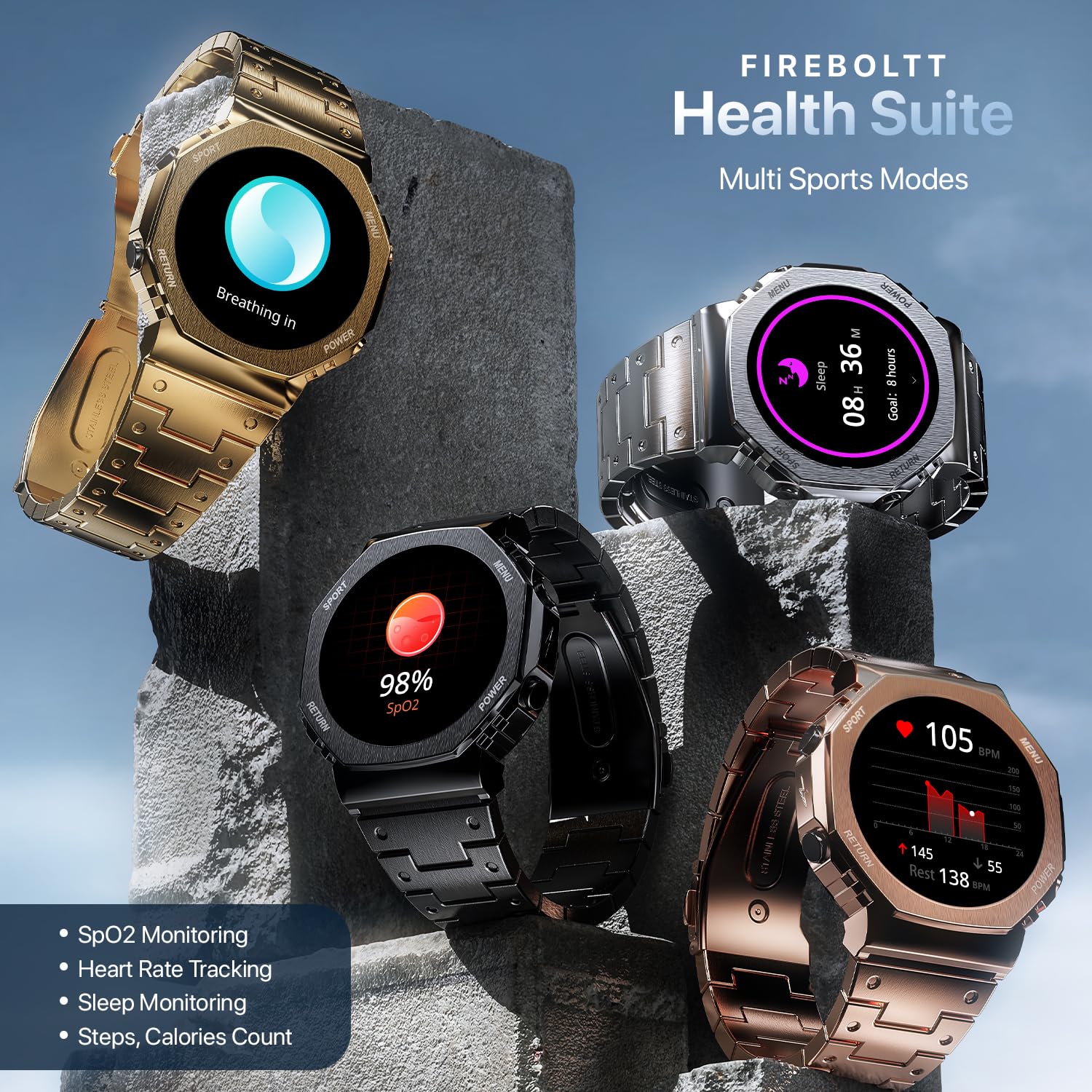 Boltt Obsidian 33.5mm (1.32 inch) AMOLED Display, Stainless Steel Design, 466 * 466 px Resolution, Bluetooth Calling, Multiple Sports Modes, Health Mode, IP67, Weather Updates