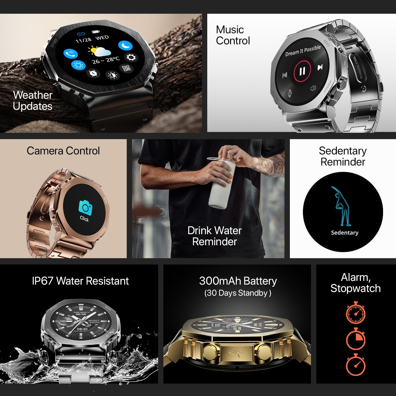 Boltt Obsidian 33.5mm (1.32 inch) AMOLED Display, Stainless Steel Design, 466 * 466 px Resolution, Bluetooth Calling, Multiple Sports Modes, Health Mode, IP67, Weather Updates