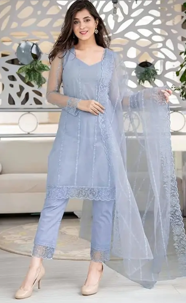 Women Net Kurta Pant Dupatta Set