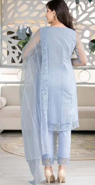 Women Net Kurta Pant Dupatta Set