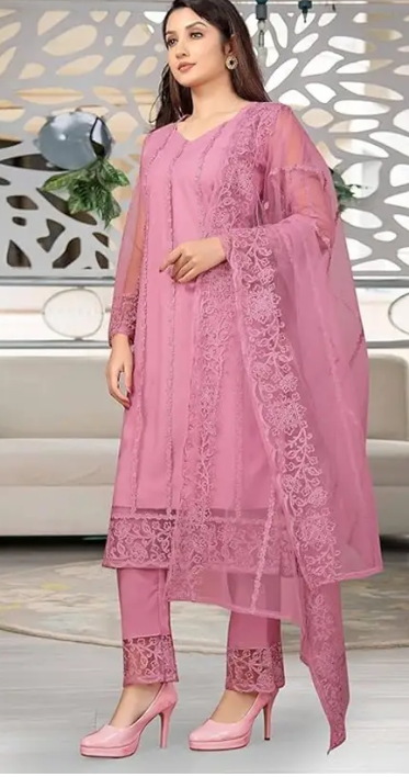 Women Net Kurta Pant Dupatta Set