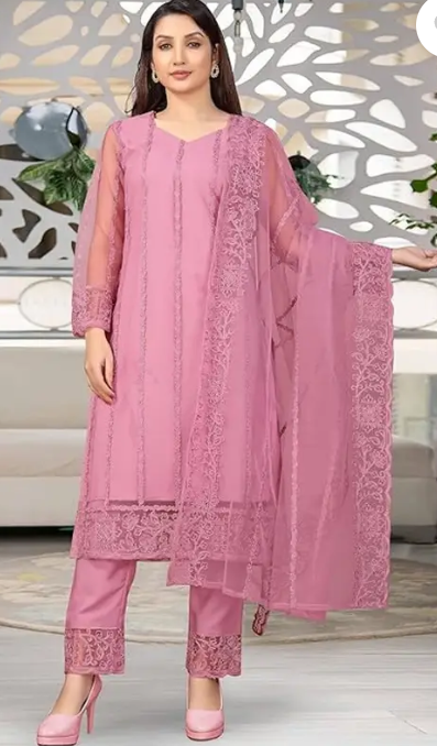 Women Net Kurta Pant Dupatta Set