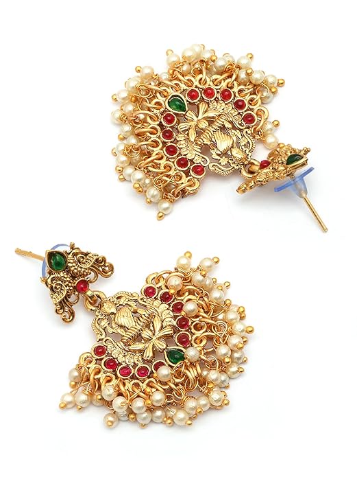 South Indian Traditional Stylish Gold Plated with Beaded Studded Choker Necklace with Dangle Earring Jewellery Set for Women & Girls