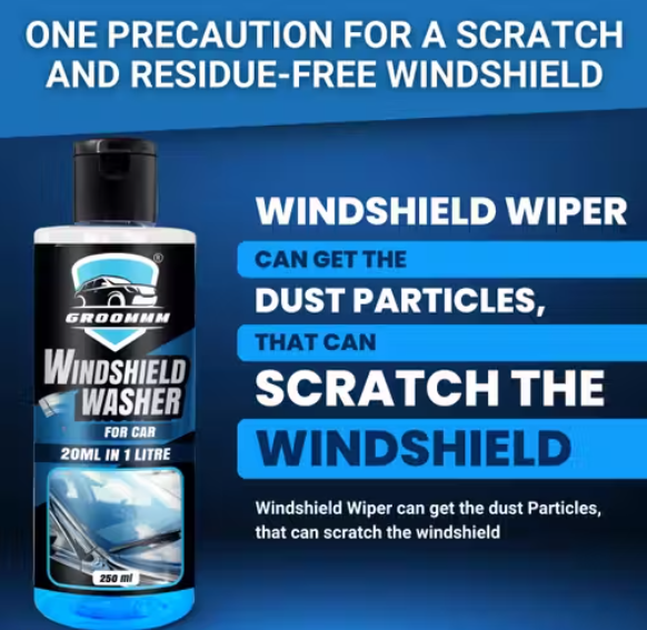 Groommm Windshield Washer Fluid For Car 250ML- (20ML in 1L Water) | Highly Concentrated Car Glass Cleaner Liquid For Streak & Stain-Free Windshield | Car Wiper Liquid For Crystal Clear Windshield