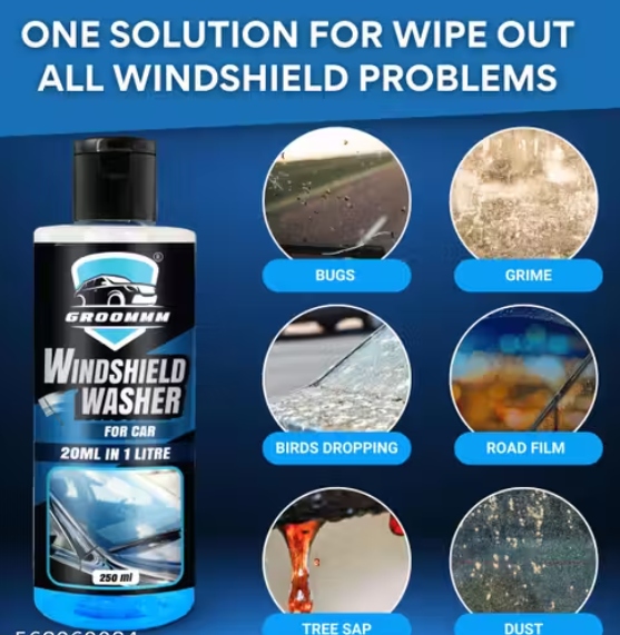 Groommm Windshield Washer Fluid For Car 250ML- (20ML in 1L Water) | Highly Concentrated Car Glass Cleaner Liquid For Streak & Stain-Free Windshield | Car Wiper Liquid For Crystal Clear Windshield