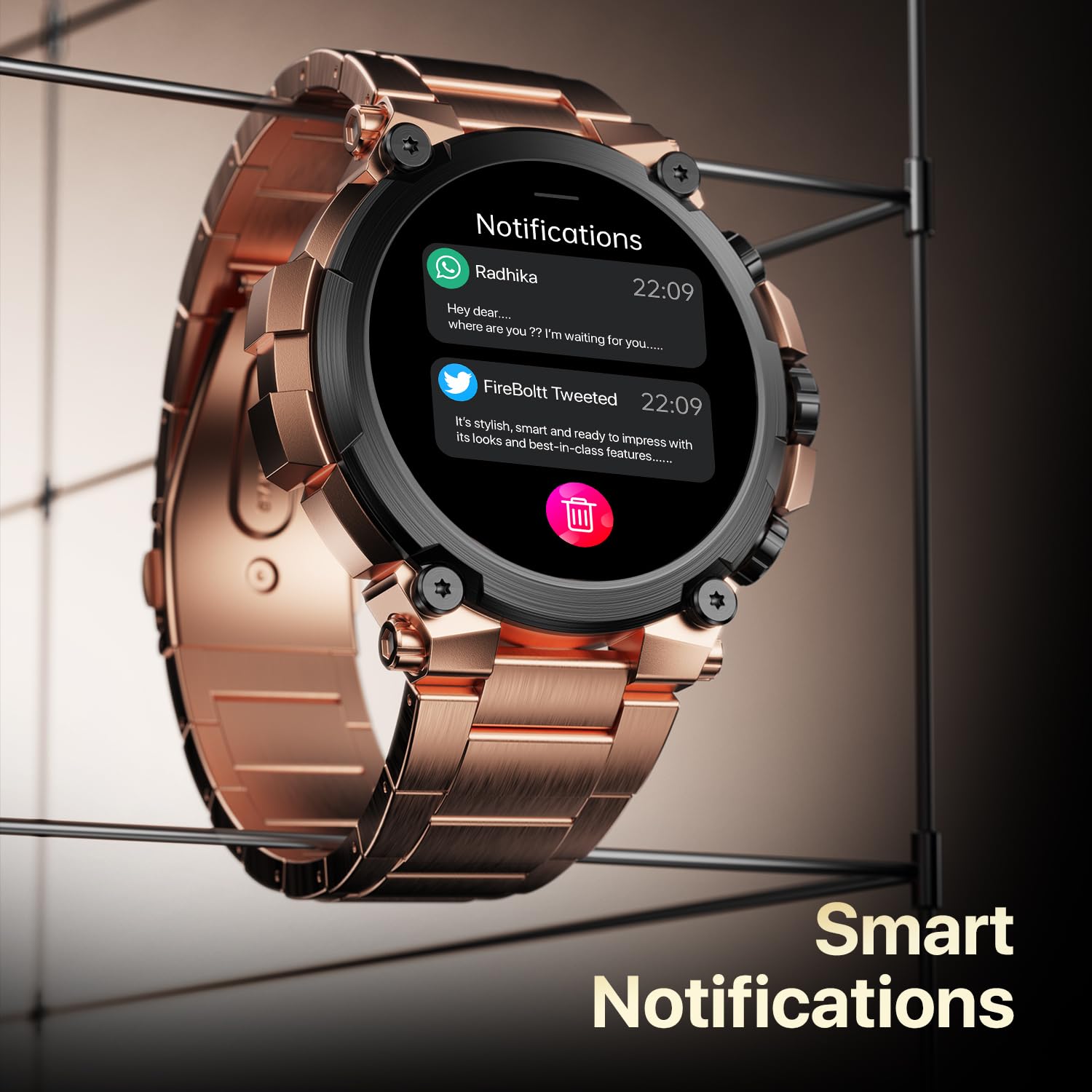 Fire-Boltt Dominian 36.3mm (1.43 inch) AMOLED Display, Stainless Steel Design, 466 * 466 px Resolution, Bluetooth Calling, Multiple Sports Modes, Health Mode, IP67, Weather Updates (Twilight Copper)