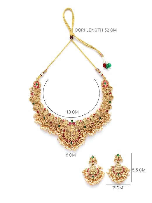 South Indian Traditional Stylish Gold Plated with Beaded Studded Choker Necklace with Dangle Earring Jewellery Set for Women & Girls