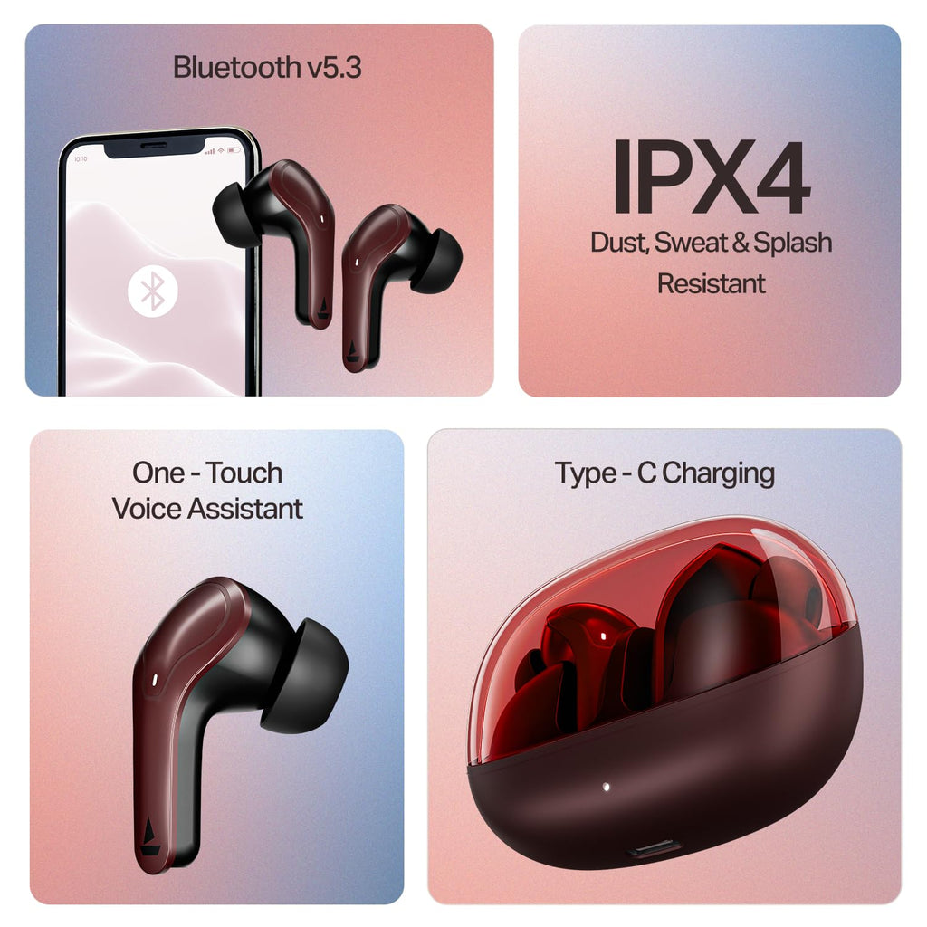 boAt 2025 Launch Airdopes Plus 311, Glass Design, ENx Tech, Fast Charge, 50 Hrs Battery, Stream Ad Free Music via App Support Bluetooth Earbuds, TWS Ear Buds Wireless Earphones with mic (Crimson Red)