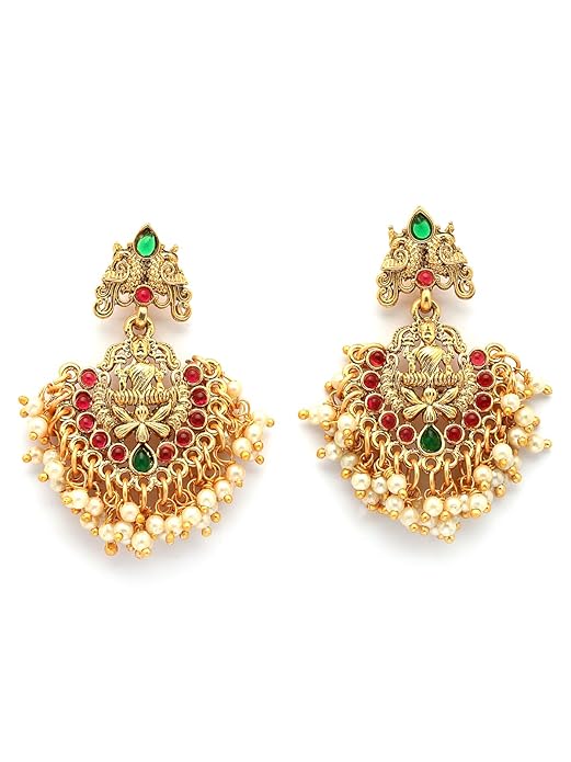 South Indian Traditional Stylish Gold Plated with Beaded Studded Choker Necklace with Dangle Earring Jewellery Set for Women & Girls