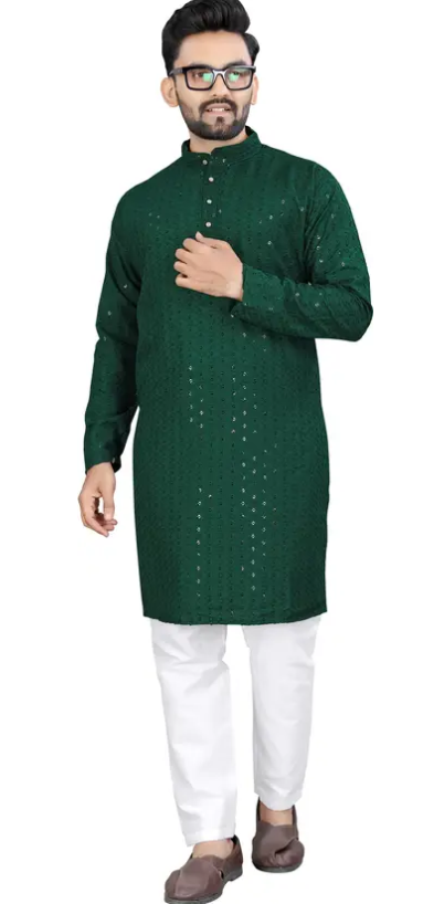 Men Chikankari Embroidery Cotton Blend Straight Kurta  (Green)