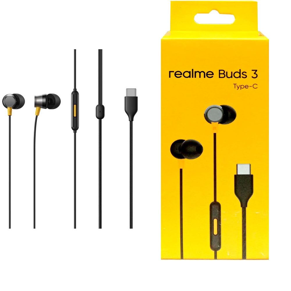 Original Type-C Buds 3 Earbuds Compatible with Realme Smartphones Moto Edge 50 Fusion, Samsung S23 FE, Vivo V30e, OnePlus CE Nord 4, iQOO Neo 7, Motorola Phones, Wired in-Ear Earbdud (Black)