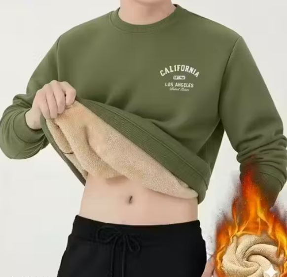 Men's Letter Print Round Neck Long Sleeve Casual Fleece Sweatshirt For Winter (fur inside)