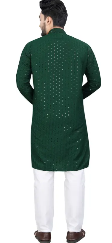 Men Chikankari Embroidery Cotton Blend Straight Kurta  (Green)