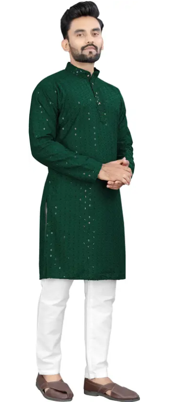 Men Chikankari Embroidery Cotton Blend Straight Kurta  (Green)
