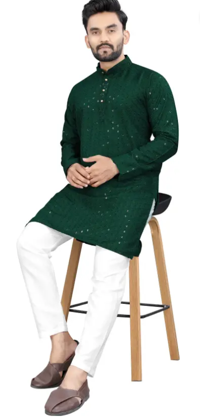 Men Chikankari Embroidery Cotton Blend Straight Kurta  (Green)