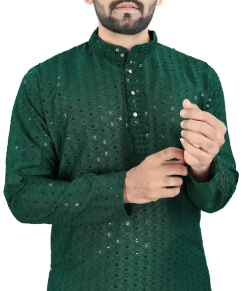 Men Chikankari Embroidery Cotton Blend Straight Kurta  (Green)