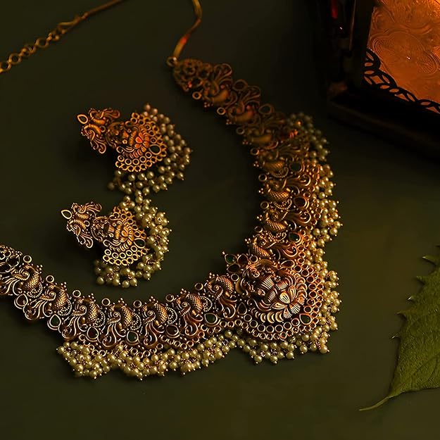 Pearl Choker Traditional Jewellery Set for Women | Temple Necklace Set | Festive Wedding Party Necklace | 22k Gold Plated | Just Like Original Gold Jewellery