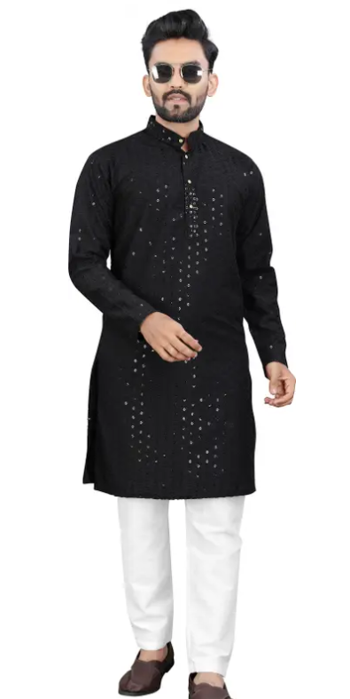 Men Chikankari Embroidery Cotton Rayon Straight Kurta  (Black)