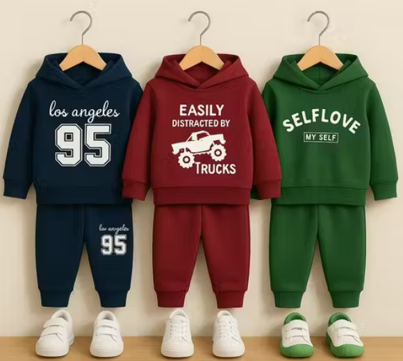 Trendy Full Sleeve Kids Hoodie & Jogger Set Combo | Warm Winter Wear for Boys & Girls | Soft Cotton Tracksuit with Stylish Prints – Combo Set For Kids Pack Of 3