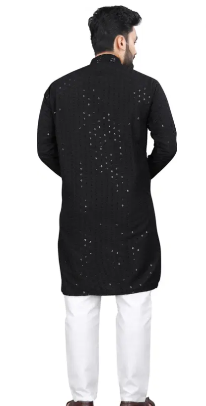 Men Chikankari Embroidery Cotton Rayon Straight Kurta  (Black)