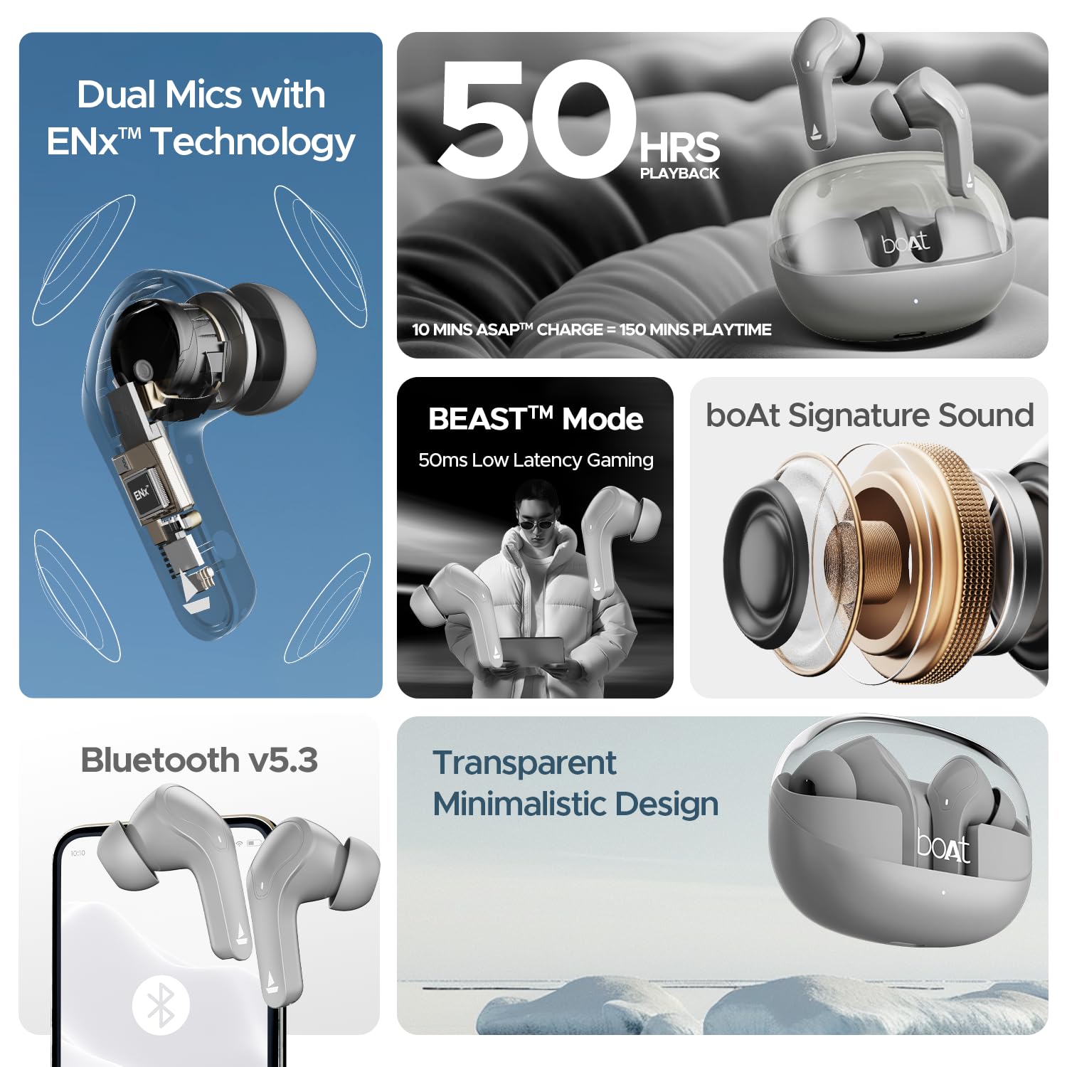 Boat Airdopes 311 Pro, 50H Battery, Fast Charge,ENx Tech, Transparent LID, Low Latency,Stream Ad Free Music via App Support, Bluetooth Earbuds, TWS Ear Buds Wireless Earphones with mic (Space Grey)