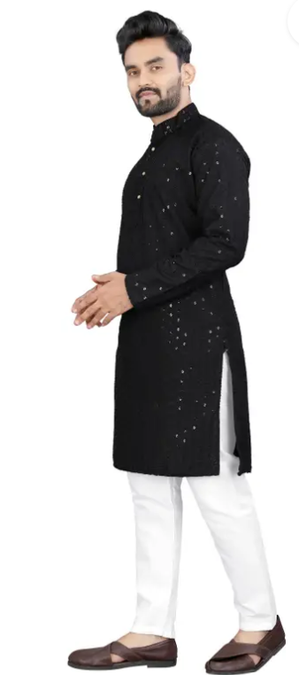 Men Chikankari Embroidery Cotton Rayon Straight Kurta  (Black)