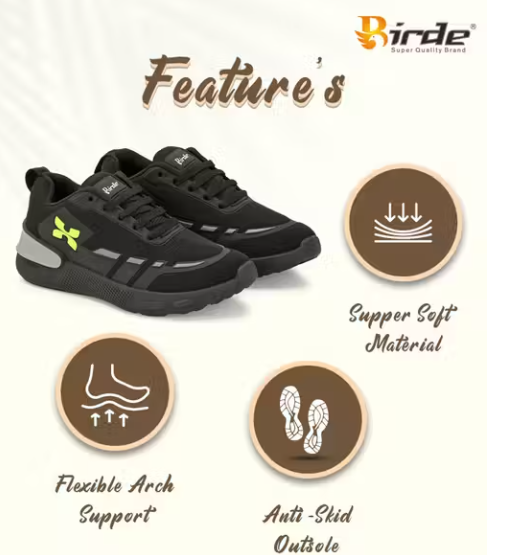 BIRDE Black Memory Foam Lightweight Sports Gym, Walking Shoes For Men