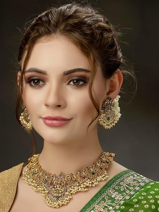 Pearl Choker Traditional Jewellery Set for Women | Temple Necklace Set | Festive Wedding Party Necklace | 22k Gold Plated | Just Like Original Gold Jewellery