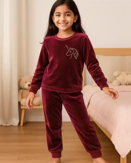 Girls Winter Velvet Sweatshirt & Trackpant Set – Warm Nightwear & Casual Wear