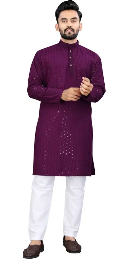 Men Chikankari Embroidery Cotton Rayon Straight Kurta  (Purple)