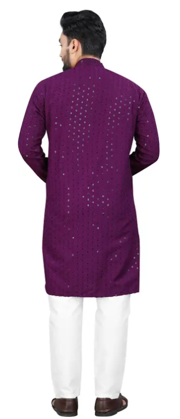 Men Chikankari Embroidery Cotton Rayon Straight Kurta  (Purple)