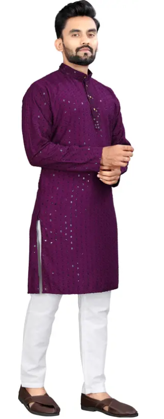 Men Chikankari Embroidery Cotton Rayon Straight Kurta  (Purple)
