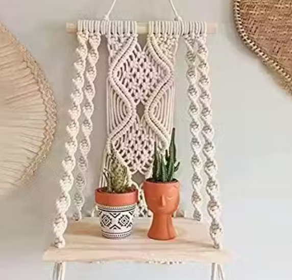 Handmade Macrame Wall Hanging Shelf , Wooden Hand Woven Boho Art, Floating Wooden Shelf ( Size 10 x 5 x 22 Inch)