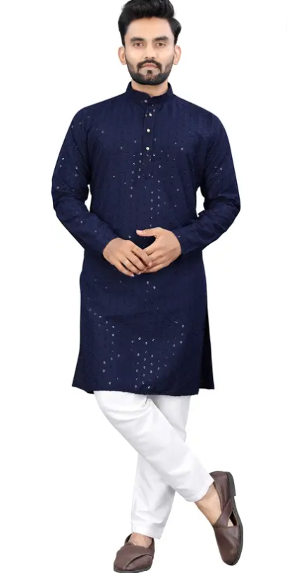 Men Chikankari Embroidery Cotton Rayon Straight Kurta  (Dark Blue)