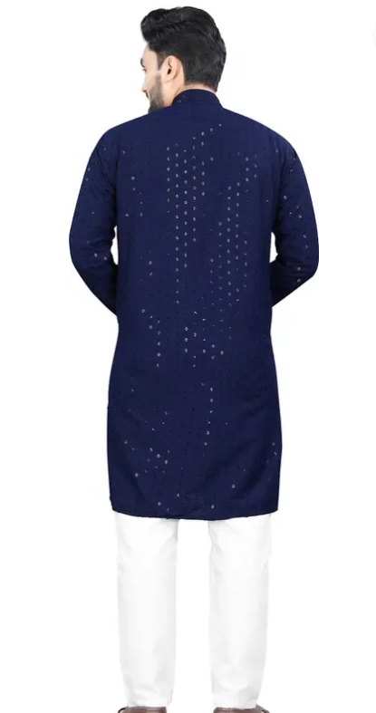 Men Chikankari Embroidery Cotton Rayon Straight Kurta  (Dark Blue)