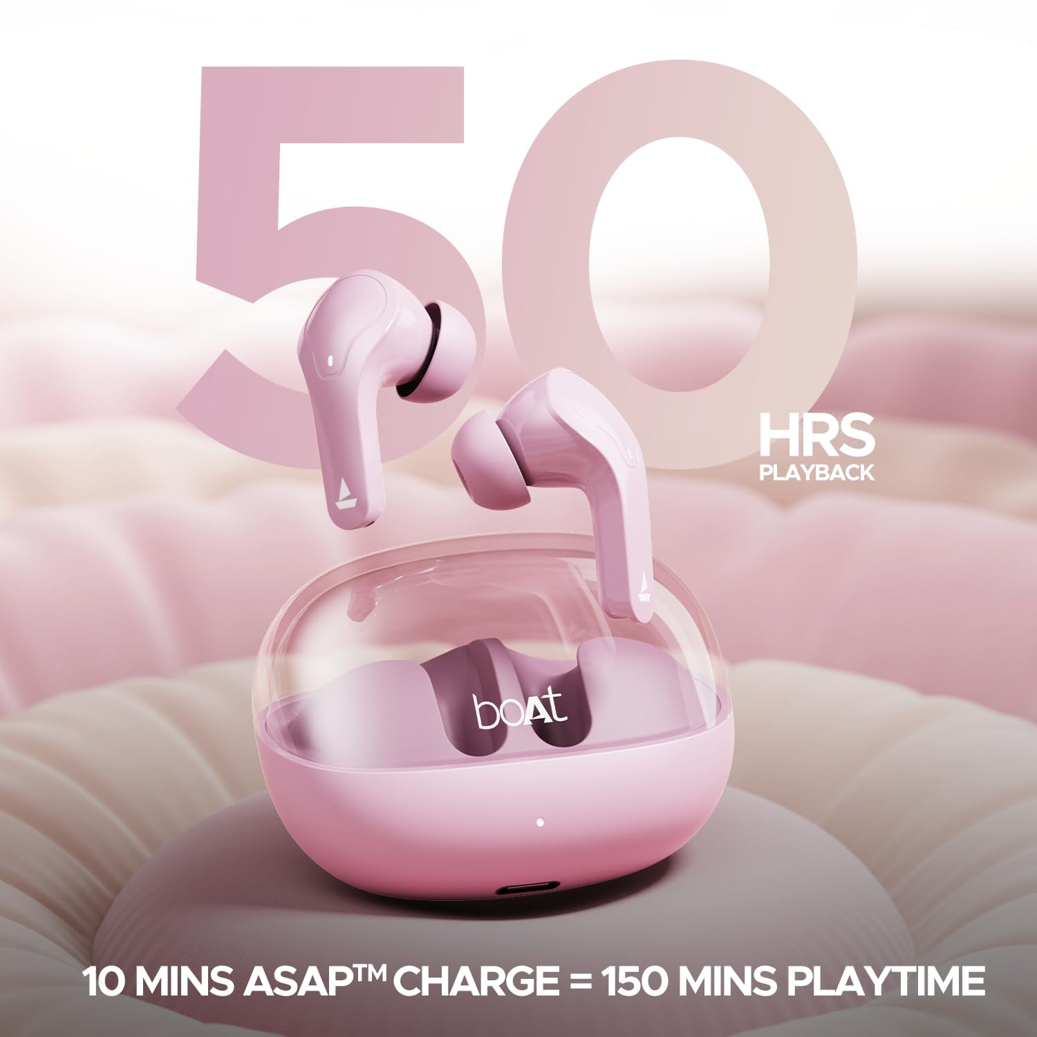 boAt Airdopes 311 Pro, 50H Battery, Fast Charge,ENx Tech, Transparent LID, Low Latency,Stream Ad Free Music via App Support, Bluetooth Earbuds, TWS Ear Buds Wireless Earphones with mic (Lavender Rush)