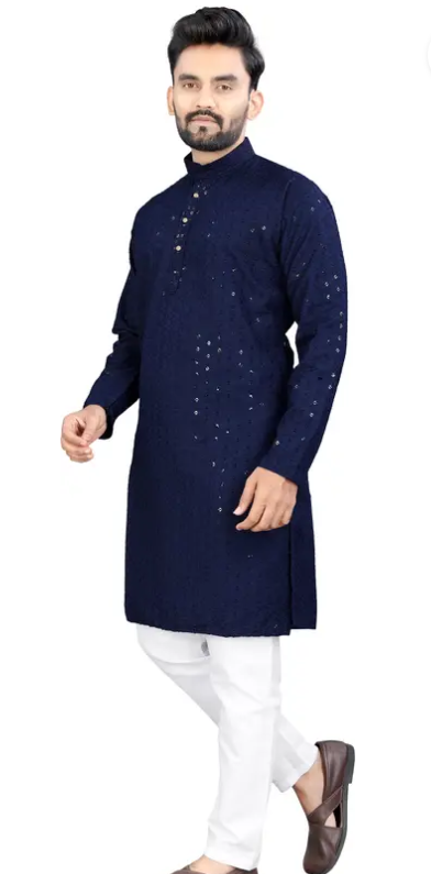 Men Chikankari Embroidery Cotton Rayon Straight Kurta  (Dark Blue)
