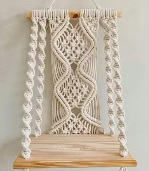 Handmade Macrame Wall Hanging Shelf , Wooden Hand Woven Boho Art, Floating Wooden Shelf ( Size 10 x 5 x 22 Inch)