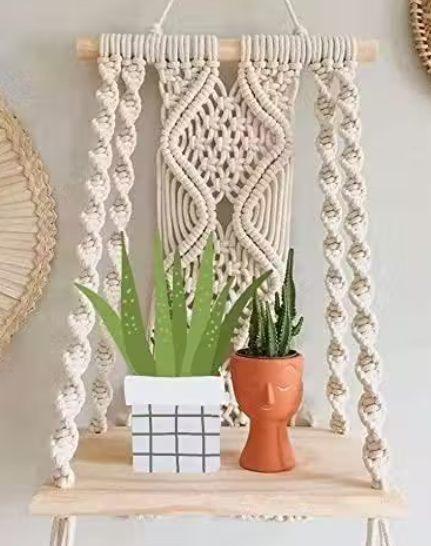 Handmade Macrame Wall Hanging Shelf , Wooden Hand Woven Boho Art, Floating Wooden Shelf ( Size 10 x 5 x 22 Inch)