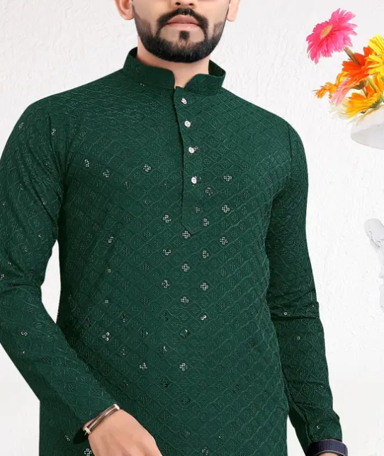 Men Chikankari Unique Design Embroidery Cotton Rayon Straight Kurta  (Green)