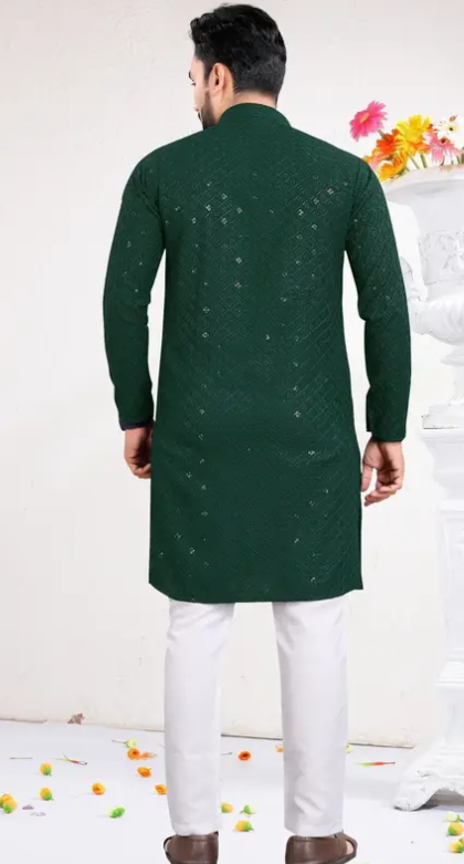 Men Chikankari Unique Design Embroidery Cotton Rayon Straight Kurta  (Green)