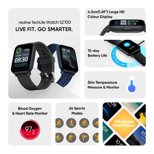 realme Techlife Smart Watch SZ100 1.69" HD Display with SpO2, Heart Rate & Temperature Monitors (Grey Strap, Free Size), Gray (RMW2103)