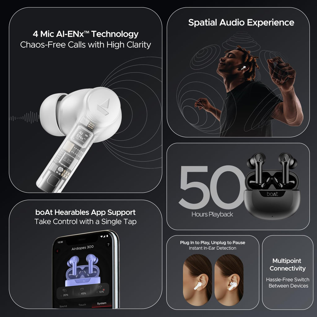 boAt Airdopes 300, Cinematic Spatial Audio, 50HRS Battery, 4Mic AI ENx, Fast Charge, App Support, Low Latency, IPX4, v5.3 Bluetooth Earbuds, TWS Ear Buds Wireless Earphones with mic (Gunmetal Black)