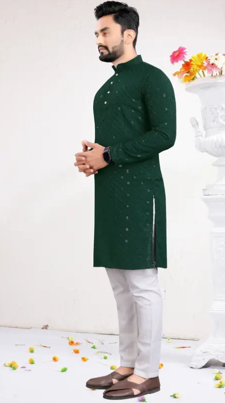 Men Chikankari Unique Design Embroidery Cotton Rayon Straight Kurta  (Green)