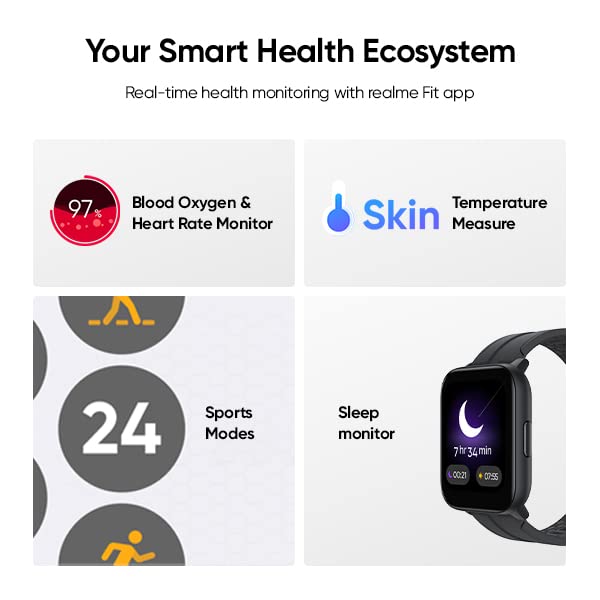 realme Techlife Smart Watch SZ100 1.69" HD Display with SpO2, Heart Rate & Temperature Monitors (Grey Strap, Free Size), Gray (RMW2103)